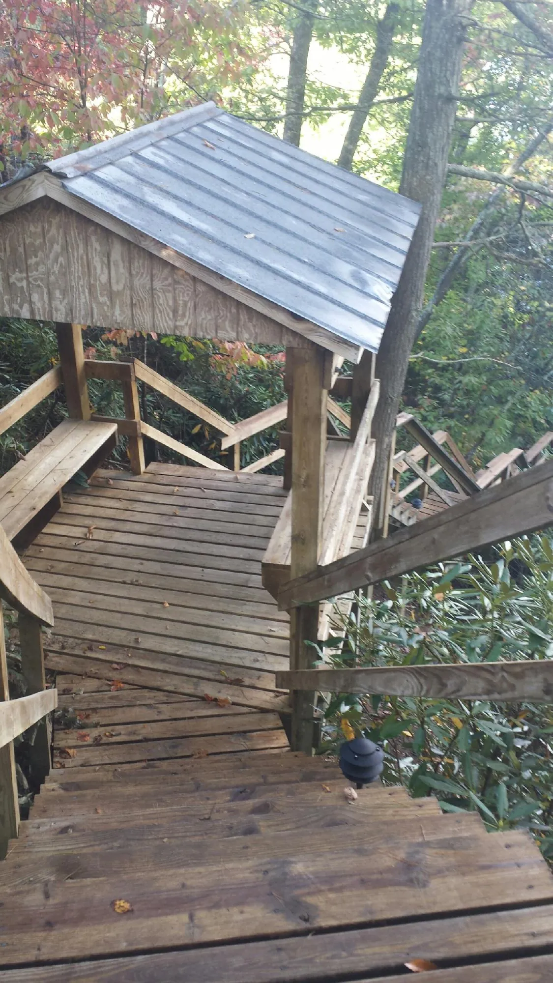 Metal roofed shelter over wooden steps on a wooded walkway — Skylight Repair & Installation work by our crew in Park Valley